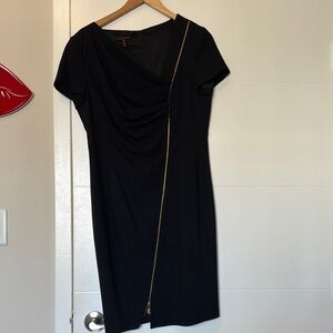 Escada Black Sheath Midi Dress with Asymmetrical Neckline and Short Sleeves
